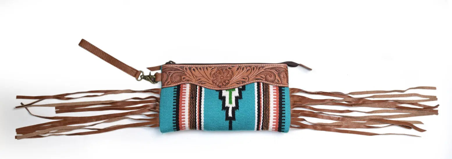 Western Saddle Blanket Hand Tooled Genuine Leather Clutch Wrist Bag - abitoamerica